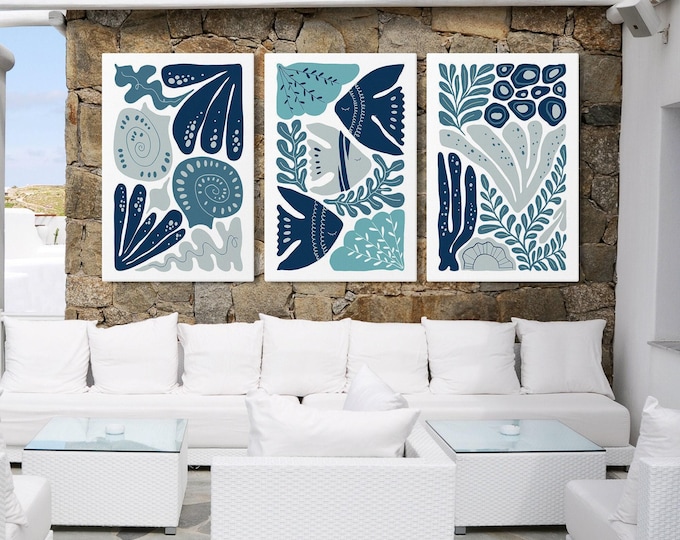 Ocean Blocks Triptych, Sealife Canvas Print, Blue Green Decor, Modern Farmhouse Art, Rustic Wood Frame, Beach House Gift