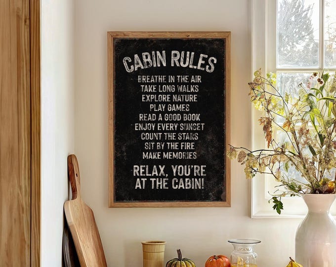 Cabin Rules Sign, Charcoal Black Rustic Lodge Wall Art for Lake House Gift