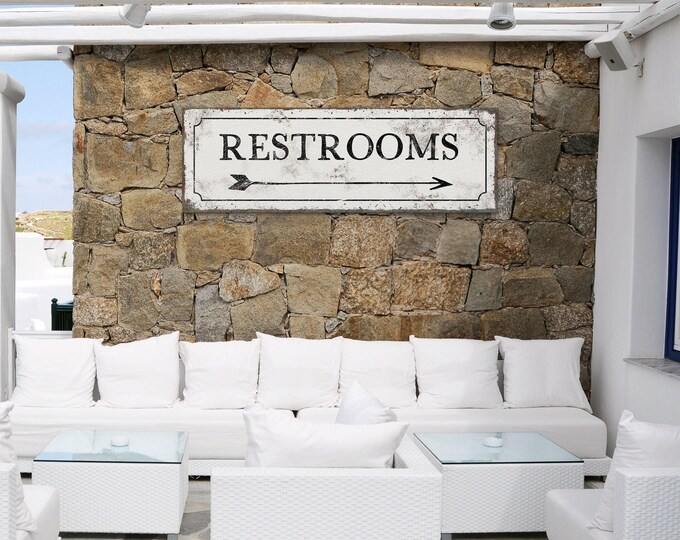 Restrooms Sign in Black on Distressed White, Vintage Arrow Print, Farmhouse Bathroom Decor