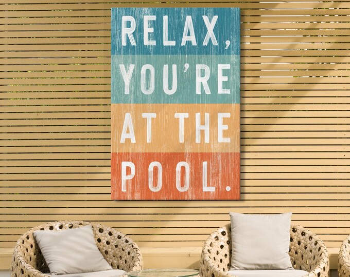 Youre At The Pool, Slate Blue Teal Terracotta Banded Wall Art, Backyard Oasis Gift