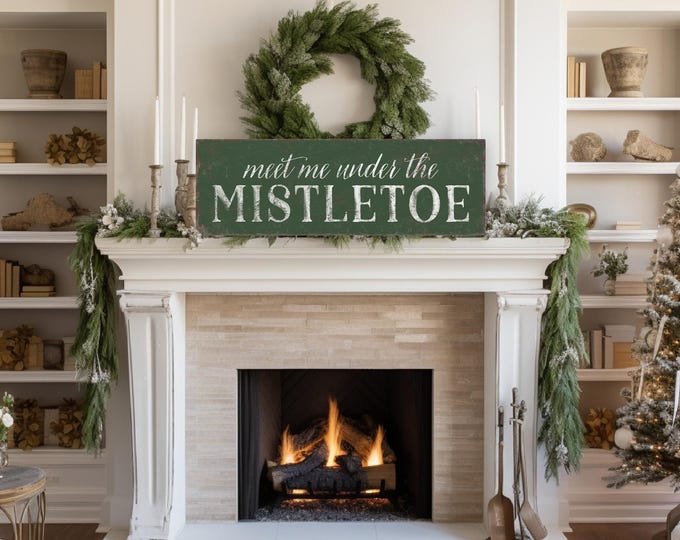 Mistletoe Sign Decor, Under the Mistletoe Doorway Art in Cream White on Forest Green