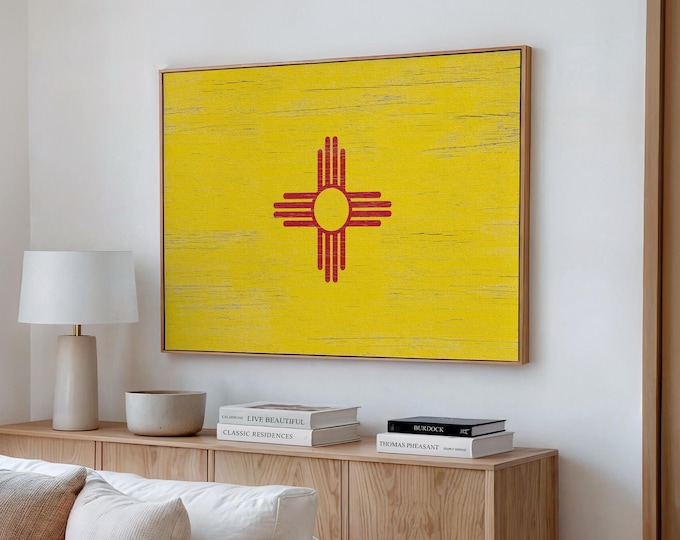 Vintage Flag Decor, New Mexico Zia Sun on Yellow, Red Sunburst Canvas Print