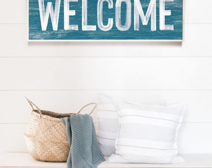 Welcome Sign, Teal Blue Wall Art, Long Farmhouse Porch Banner, Gift For Women