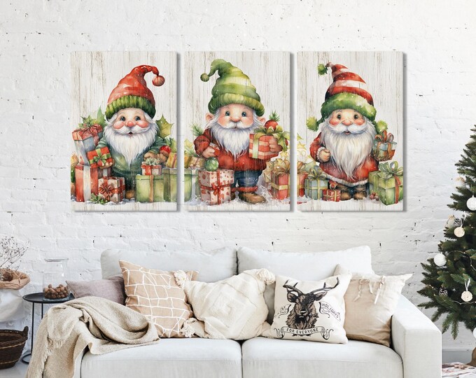 Gnomes Sign, Set of Three Watercolour Christmas Helpers in Barn Red and Forest Green