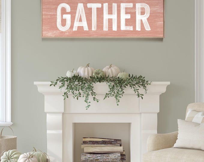 GATHER Sign in Coral Pink, thanksgiving home decor, thanksgiving wall print, gather sign farmhouse, gather sign for dining room