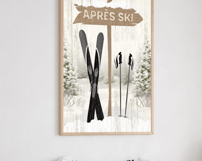 Ski House Art, Apres Ski Arrow Sign with Crossed Black Skis, Whitewashed Cream Cabin Print