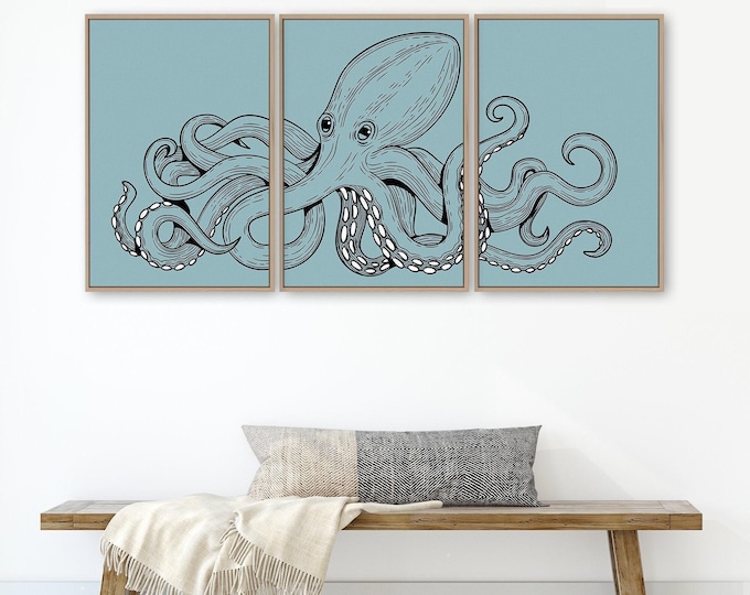 Octopus Wall Art Dusty Blue Ocean Decor Black Line Art Coastal Triptych Above Couch