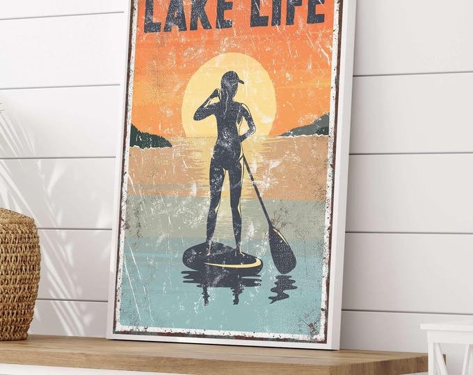 Golden Hour Decor, Navy Lake Life Sign, Burnt Orange Paddleboard Wall Art, Gift for Her
