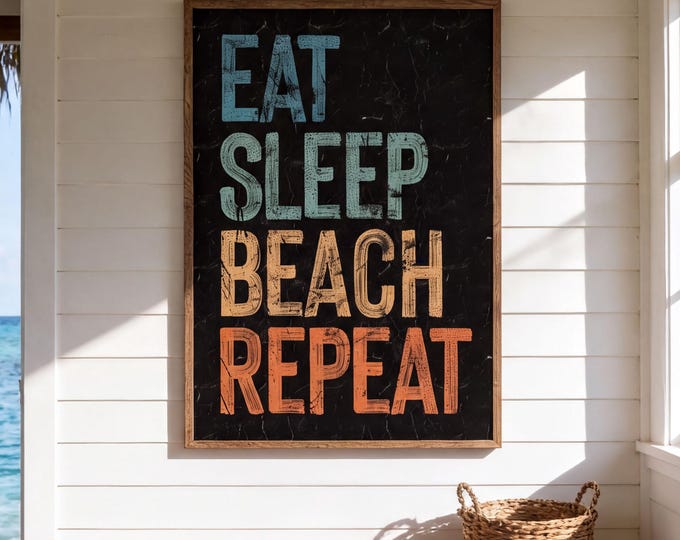 Black Beach Art, Eat Sleep Beach Repeat Sign, Distressed Coastal Canvas for a Lake House Mudroom
