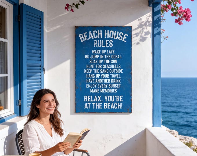 Beach House Rules Sign, Ocean Blue Coastal Wall Art, Vintage Vacation Rental Decor