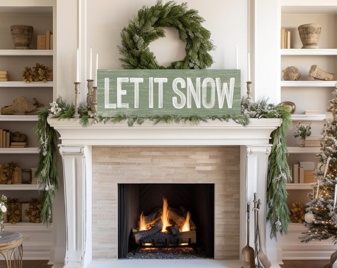 Winter Lettering Print, Let It Snow on a Muted Sage Green Panel