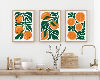 Orange Triptych Wall Art, Modern Farmhouse Citrus Canvas Set, Warm