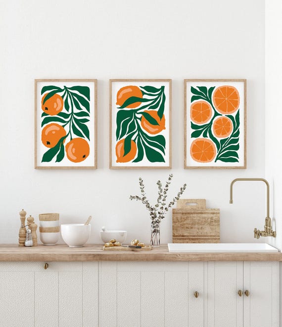 Orange Triptych Wall Art, Modern Farmhouse Citrus Canvas Set, Warm