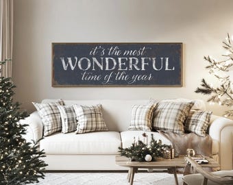 Christmas Wall Art, Most Wonderful Time of the Year Sign, Navy and Cream Holiday Decor