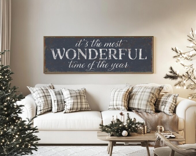 Christmas Wall Art, Most Wonderful Time of the Year Sign, Navy and Cream Holiday Decor