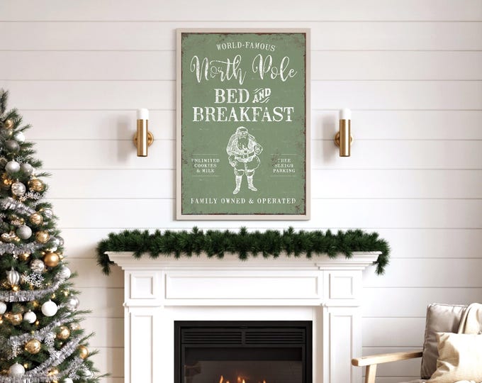 Rustic North Pole Bed and Breakfast Sign, Cozy Christmas Wall Decor