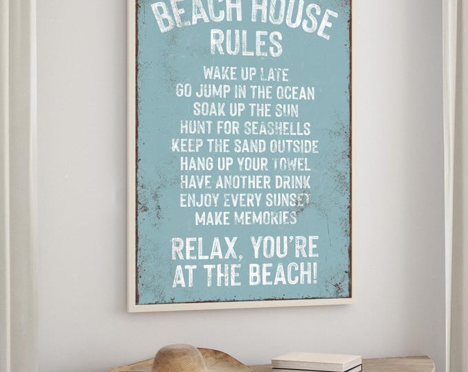 Vacation Rental Wall Art, Beach House Rules Distressed Dusty Blue Sign, Above Bed Coastal Decor