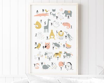 Safari Nursery, Nursery Wall Art, Gift For New Mom, Cute Alphabet Sign, Zoo Themed Canvas, Baby Room Decor, Peach And Gold Palette