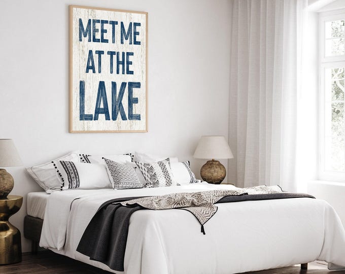 Meet Me at the Lake Sign, Navy and White Distressed Rustic Cabin Wall Art