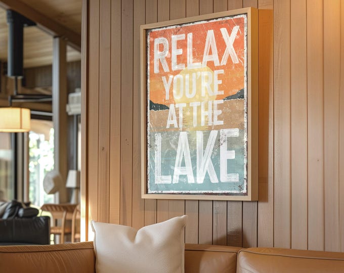 Lake Wall Art Sign, Vintage Sunset Words (Canvas, Paper, Aluminum)