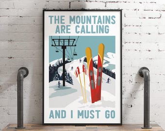 Ski House Sign, The Mountains Are Calling Retro Poster with Red Skis, Pale Blue Cabin Art
