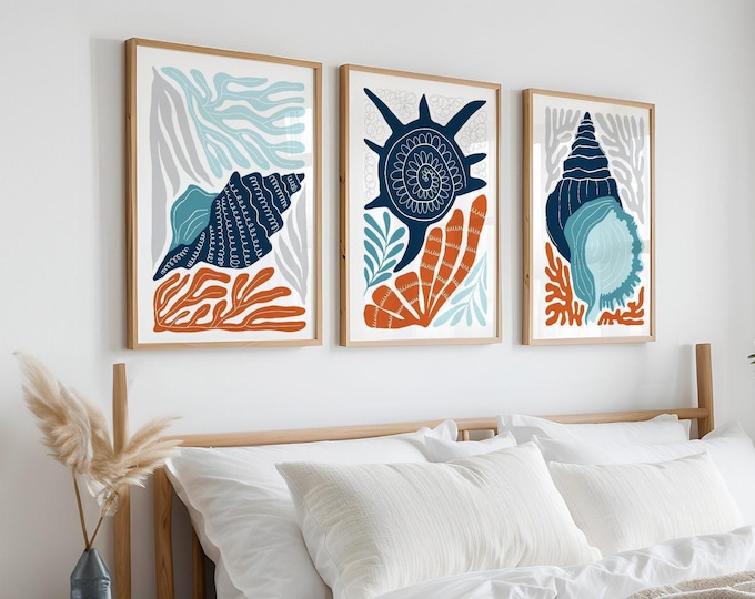 Bedroom Wall Decor Conch And Coral Triptych, Neutral Coastal Print Set