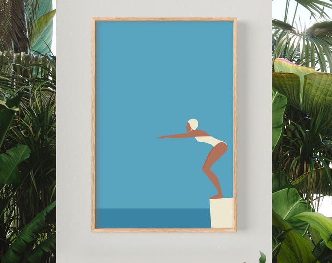 Vintage Swimmer Art in Blue, La Dolce Vita Coastal Wall Print, Mediterranean Decor
