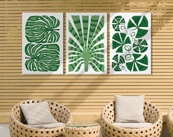 Botanical Triptych with Green Monstera and Fan Palm Patterns