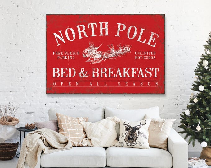 Sleigh Reindeer Art, North Pole Bed and Breakfast with Unlimited Hot Cocoa on Barn Red