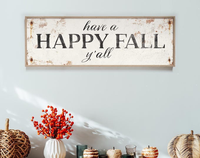 Fall Canvas, Happy Fall Yall Sign, Charcoal and Cream Autumn Wall Art