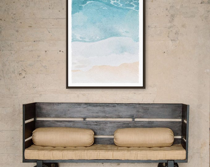 Coastal Waves Print, Oversized Aerial Teal Shoreline, Minimal Beach House Wall Art