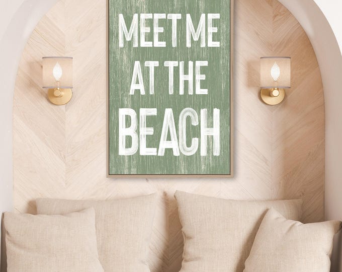Coastal Signs for Beach House, Meet Me at the Beach Sage Green Print, Retro Bedroom Wall Art