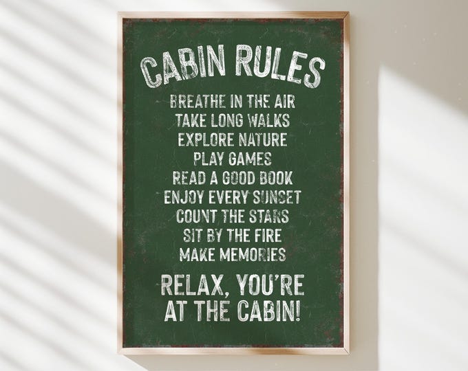 Cabin Rules Sign, Dark Forest Green Ski Chalet Wall Art, Rustic Lodge Gift