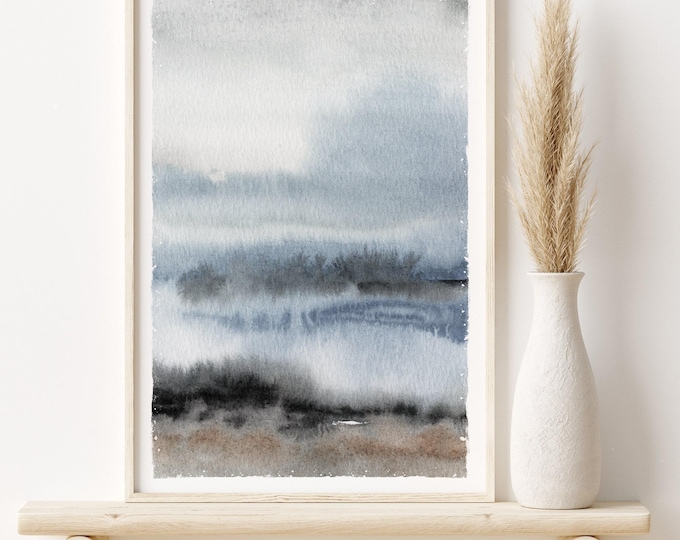 Moody Water Art Print, Misty Slate Blue Watercolor Seascape, Minimalist Beach Wall Decor