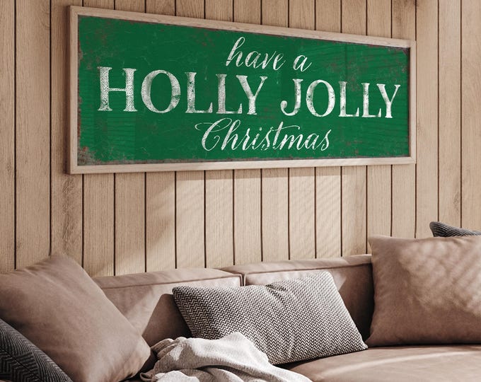 Holly Jolly Art, Christmas Carol Sign in Vintage Cream Lettering on Pine Green