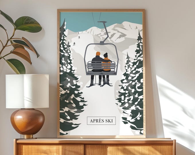 Apres Ski Chairlift Print, Green Pine and Teal Cabin Wall Art, Rustic Ski Gift