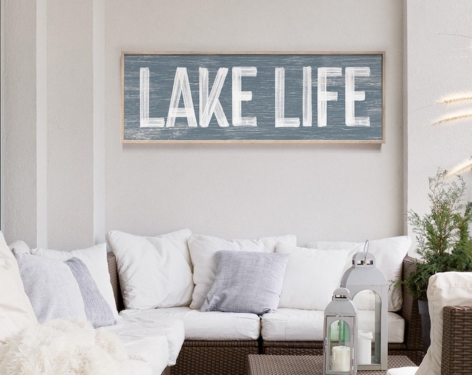 Lake Life Sign: Harbor Blue Rustic Wood, Vintage Farmhouse Style