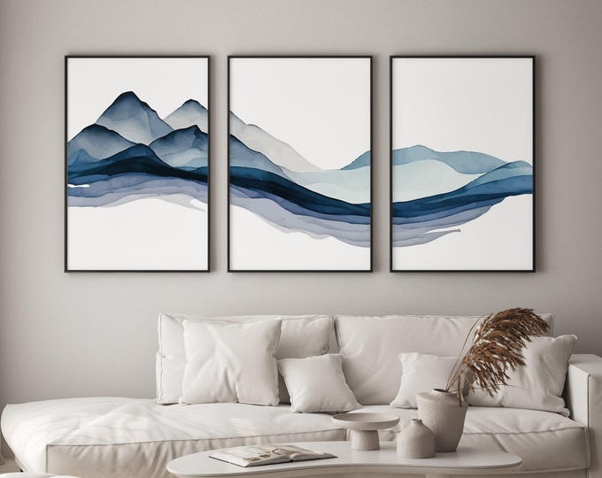Triptych Wall Art: Mountain Range Blue - Modern Farmhouse Decor