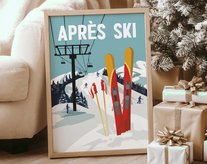 Ski Mountain Gift, Apres Ski Chairlift Poster in Pale Blue over White Snow, Lodge Art