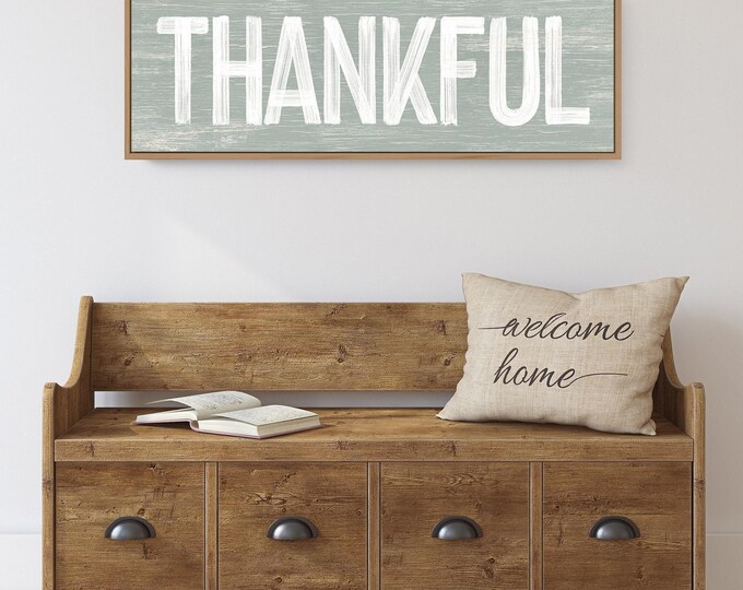 THANKFUL Sign in Sage Green, faux weathered wood, seasonal wall art, thanksgiving wall print, long horizontal wall art, farmhouse decor