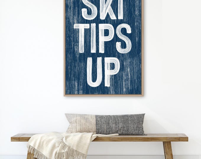 Farmhouse Ski Tips Up Sign, Navy Blue Rustic Wood (Multiple Sizes)