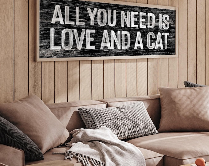 Love And A Cat Sign Black, Boho Wall Signs, Pet Lover Gift, Rustic Farmhouse Decor, Distressed Cat Art, Cozy Home Display
