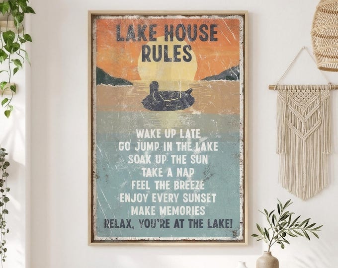 Go jump in the lake, sunset rules sign with a floating tube and mountains, cottage wall decor