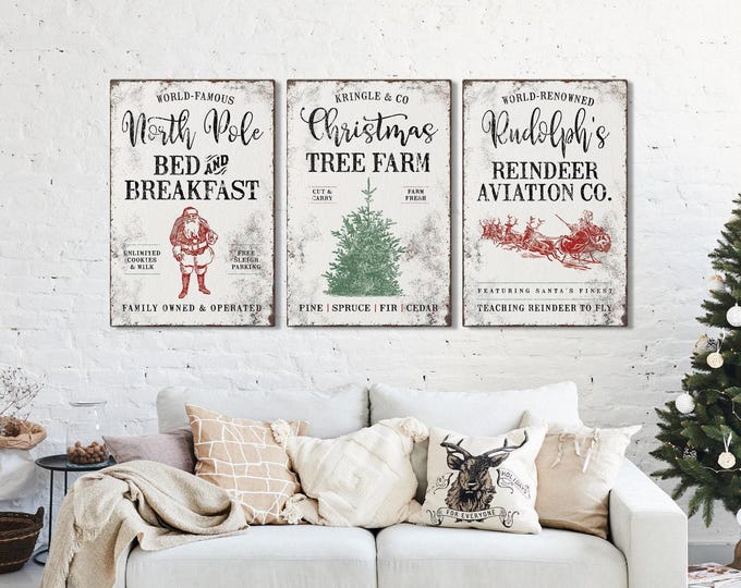 Cream Tree Print, North Pole Set of Three with Santa and a Sleigh in Barn Red and Charcoal
