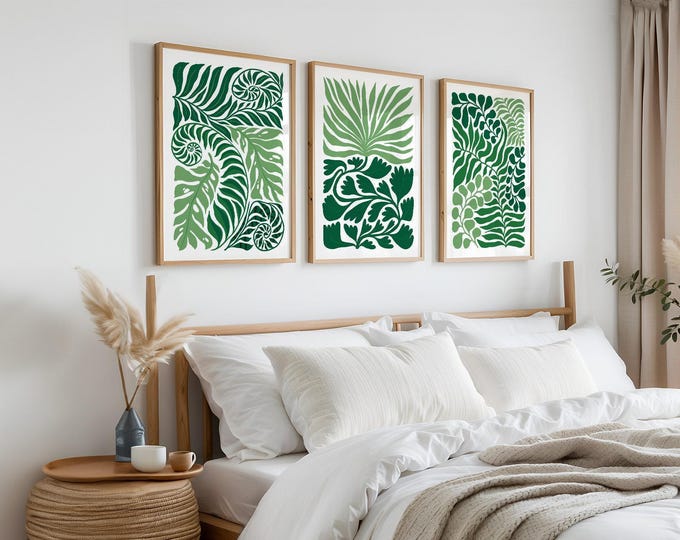 Tropical Palm Decor, Fern and Leaf Cream Botanical Triptych, Modern 3 Piece Wall Set