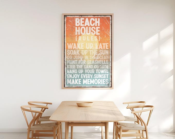 Beach Decor Idea, Sunset Ombre Beach House Rules Wall Art, Vintage Coastal Print for Vacation Homes