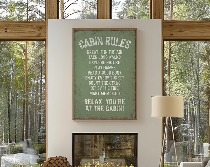Cabin Rules Sign, Sage Olive Green Rustic Lodge Wall Art, Gift for Mom