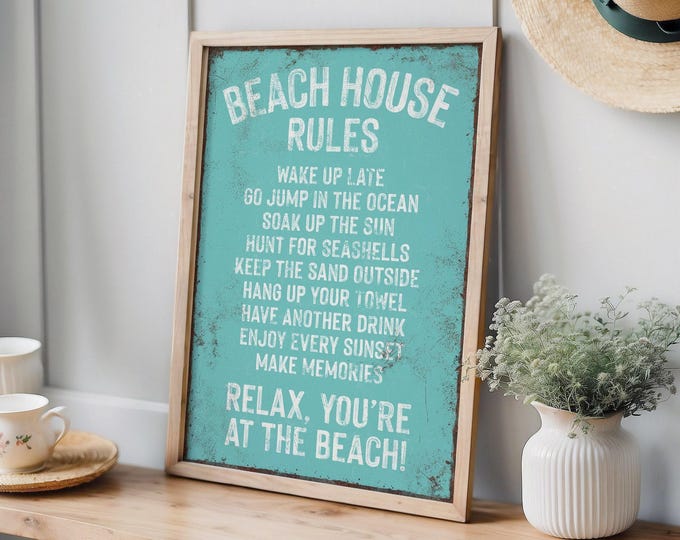 vintage "BEACH HOUSE RULES" sign, aqua blue beach print, coastal beach house decor, beach house gift for her, vacation rental beach decor