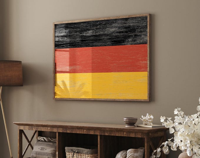 German Flag Wall Art, Vintage Style in Faux Wood Frame, Rustic Heritage Print