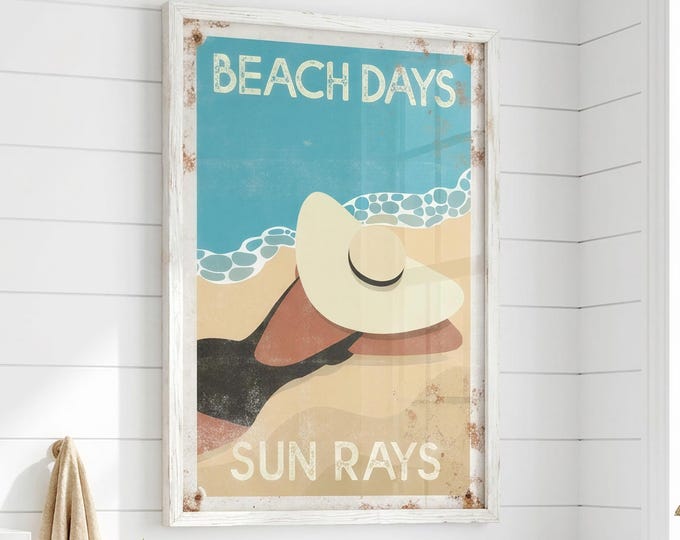 Beach Days Retro Poster Wall Art, Cream Tan Blue Sun Rays Coastal Summer Print